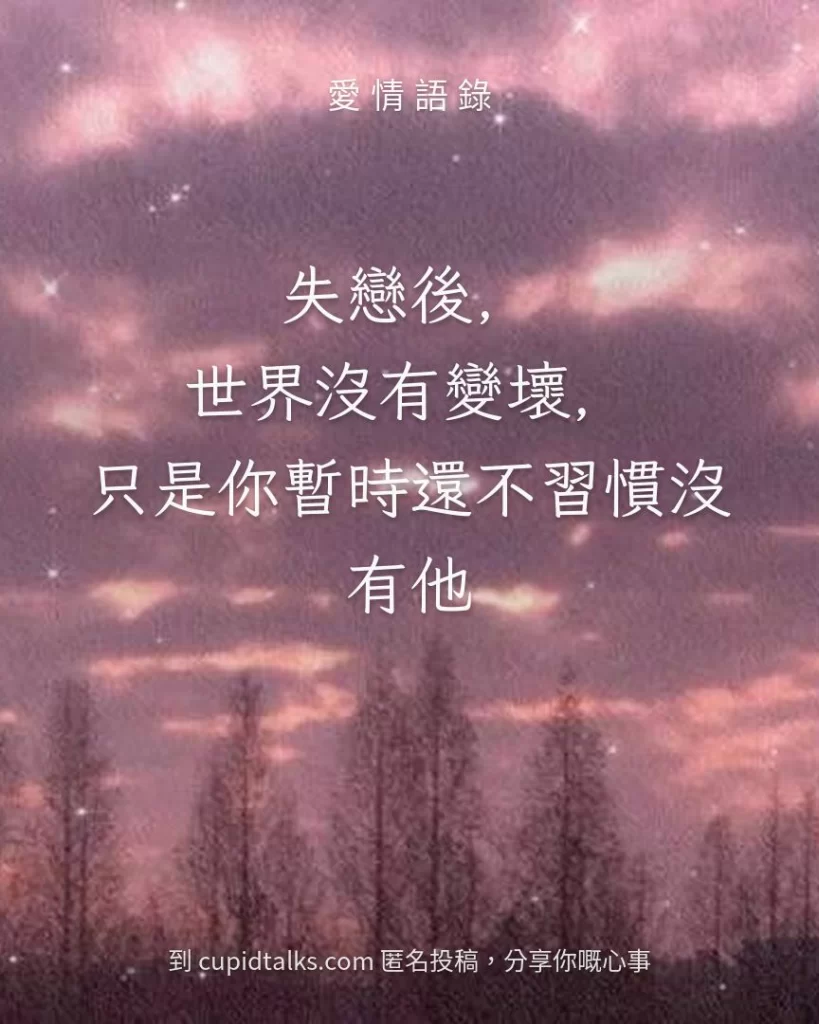 「失戀後，世界沒有變壞，只是你暫時還不習慣沒有他」